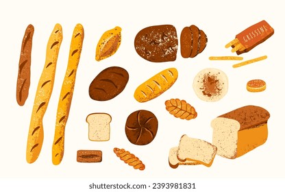 Bread, bakery vector illustration. Homemade baked products of different types isolated on white background. Rye loaf, wheat bun, baguette, toast, pita, ciabatta in modern texture style.