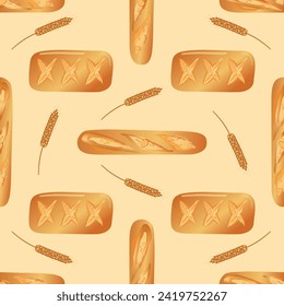 Bread and bakery vector seamless pattern of wheat bread loaf, rye brick, baguette. Design for bakery shop, patisserie