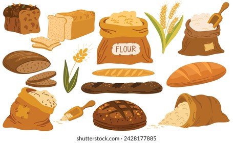 Bread, bakery, wheat flour in bag. Grain food, cereal products set. Healthy carbohydrate nutritions, nutrients composition. Flat cartoon vector illustration isolated on white