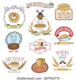 Bread bakery.Vintage Retro Bakery Badges,Labels,logos.Colored hand sketched doodles design elements (bread, loaf, wheat ear, cake icons). Vector logotypes,stickers for bread shop,pastries house