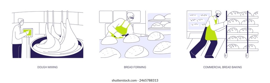 Bread baking abstract concept vector illustration set. Dough mixing, bread forming, commercial flour products manufacturing business, food industry, baking baguette abstract metaphor.