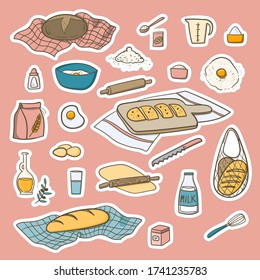 Colocación de pegatinas de doodle para hornear pan. Ingredientes de comida. 