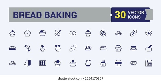 Bread Baking icons in linear style. Related to chef, cream, heat, mixer, pot and more. Pixel perfect. Vector outline and solid icons collection.