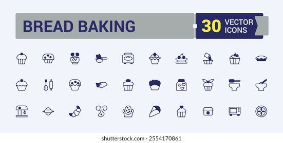 Bread Baking icons in linear style. Related to chef, cream, heat, mixer, pot and more. Pixel perfect. Vector outline and solid icons collection.