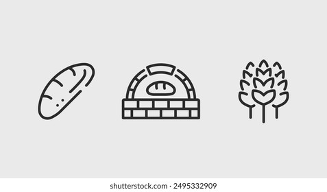 Bread and baking icons. Bread and baking trendy minimal icons set. Example: Bread Loaf, Brick Oven, Wheat icon. Design signs for web page, mobile app, packaging design. Vector illustration.