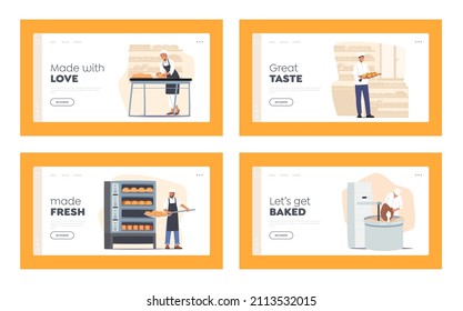 Bread Baking Industrial Process Landing Page Template Set. Workers Character in Toques, Mixing Flour, Kneading Dough, Bake Loafs in Oven Modern Manufacture with Equipment. Cartoon Vector Illustration