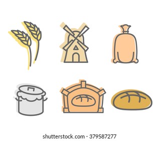 Bread baking Set of icons. Flat signs production of breads. Wheatears and windmill. bag with flour and dough. Finished cake, muffin