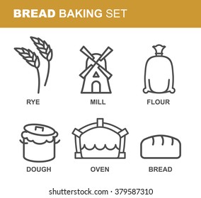 Bread baking Set of icons. Flat signs production of breads. Wheatears and windmill. bag with flour and dough. Finished cake, muffin