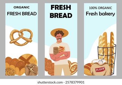 Bread banners. Rye bread bakery shop, wheat baguette and croissant, cupcake and toast, cookie and bagel flayers vector healthy sweets pastries grocery set Vector illustration hand drawn. 