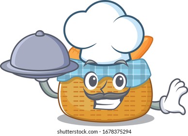 bread basket as a chef cartoon character with food on tray