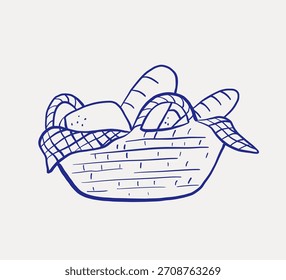 Dibujo de la cesta del pan, producto horneado caprichoso para el picnic, ilustración de la línea del doodle