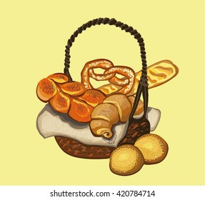 Bread in basket hand drawn set
