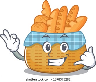 Bread basket mascot cartoon design showing Call me gesture