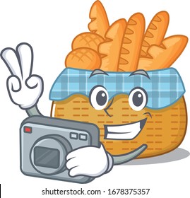 Bread basket mascot design as a professional photographer with a camera