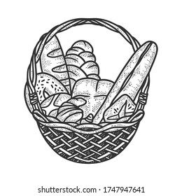 dibujo de la cesta de pan grabando ilustración vectorial. Diseño de impresión de ropa de camiseta. Imitación de tablero de raquetas. Imagen dibujada a mano en blanco y negro.
