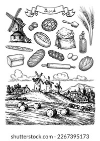 Bread big set. Rural landscape with old windmill and hay bales. Wheat field and farm. Countryside scenery. Retro style ink drawings.