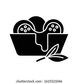 Сheese bread black glyph icon. Arancini. Pão de queijo. Brazilian food. National cuisine. Bakery product, leaves. Brazil meal. Silhouette symbol on white space. Vector isolated illustration