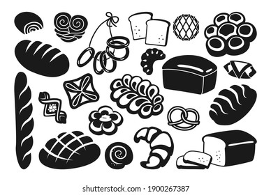 Bread black glyph icon set. Rye, whole grain and wheat loaf bread, pretzel, muffin, croissant, french baguette. Baked goods, menu bakery pastry. Vintage vector illustration