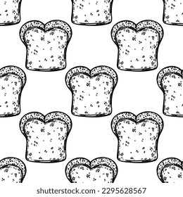 Bread brioche seamless vector pattern. Organic baked goods. Half a loaf for breakfast. Fresh egg pastry with sesame seeds, soft dough. Food sketch. Black and white background for menu, cafe, packaging