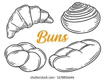 Bread and bun hand drawn vector illustration. Bake bread and buns isolated on white background.