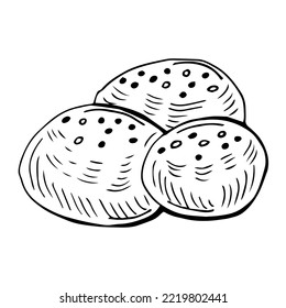 Dibujo de boceto de bollo de pan. Producto de la tienda de panadería de estilo boceto dibujado a mano. Ilustración de vectores alimentarios recién horneados para el diseño de menús, etiquetas y empaque. Aislado en blanco.