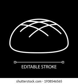 Bread bun white linear icon for dark theme. Homemade artisan loaf. Staple food. Bakery product. Thin line customizable illustration. Isolated vector contour symbol for night mode. Editable stroke