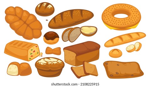 Bread and buns, baguette and rolls, bakery shop or store products assortment. Making food at home, delicious snacks and cuisine for gourmet. Nutrition and dieting, confectionery. Vector in flat