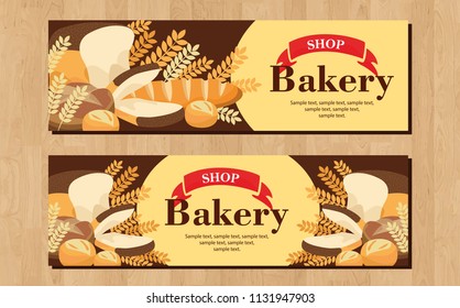 Bread, buns banner. Loaves in a round for bakery logo or fresh pastries advertising, bread, cookies, cakes, pastries, and pies shop. Vector flat style cartoon illustration isolated on white background