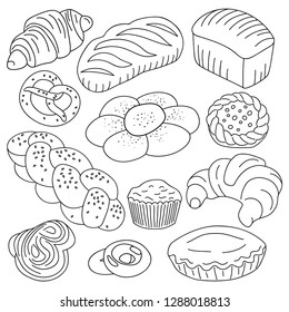 Bread, buns and cookies vector drawing. Bakery product sketch. Vintage black and white food illustration for shop, bread house, menu or packaging design.