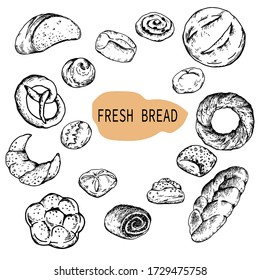 bread, buns, fresh, set, black and white, vector illustration