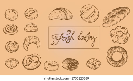 bread, buns, fresh, set, brown on a beige background, vector illustration