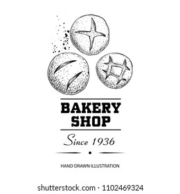 Bread buns group  top view sketch drawing. Hand drawn sketch style bakery shop product. Fresh morning baked food vector illustration for menu design, labels and packaging. Isolated on white.