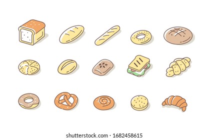 Bread and Buns Icons Set. Various Bakery Products Symbols. Baguette, Toast, Pretzel, Croissant and Other Variety of Bread. Cereal Bakery Signs Collection. Flat Line Cartoon Vector Illustration.
