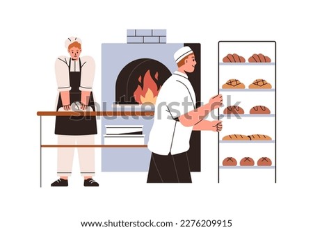 Bread and buns production, flour yeast food manufacture. Bakers work at bakehouse, bakery workshop, making cooking hot fresh rolls, baguettes. Flat vector illustration isolated on white background