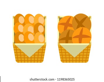 Bread and buns showcase of bakery shop market vector. Isolated icons of baked rolls and loaves made of wheat flavour. Fresh food in grocery store