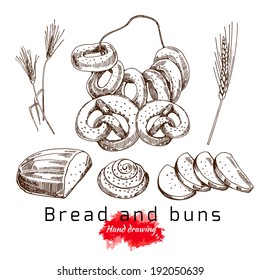 Bread and buns, vector hand drawing