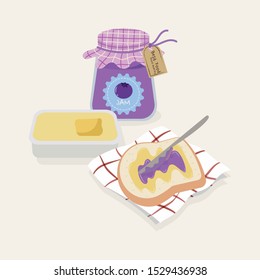Bread with butter and blueberry jam vector illustration. Cute breakfast pastel bread and jam cartoon.