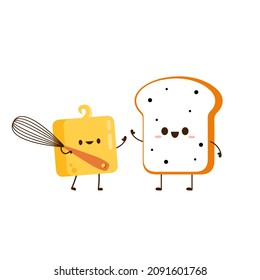 Bread and Butter character design. Cute Toast cartoon vector. Whisk vector.