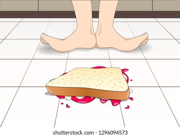 bread with butter and jam fell on the floor top down, horizontal vector illustration