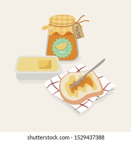 Bread with butter and orange jam vector illustration. Cute breakfast pastel bread and jam cartoon.