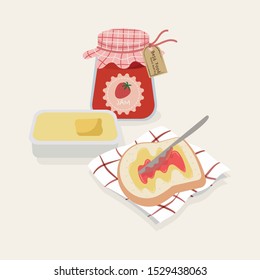 Bread With Butter And Strawberry Jam Vector Illustration. Cute Breakfast Pastel Bread And Jam Cartoon.