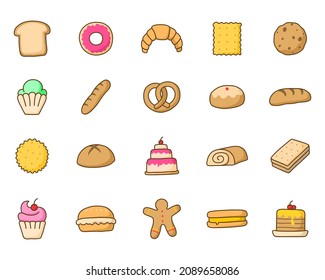 Bread and cake icons with cartoon style. Suitable to use for cafe or restaurant menu, print, food app, bakery, etc.
