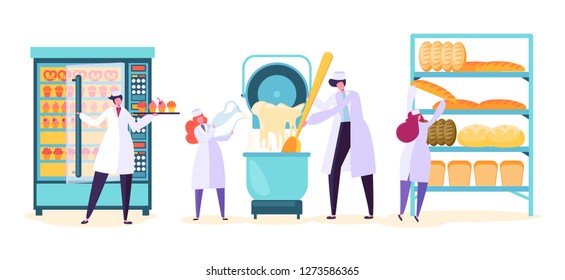 Bread Cake Production Machine Set. Sweet Pastry Bake Process Industry Equipment Collection with Business Character Worker. Dough in Modern Manufacture Flat Cartoon Vector Illustration