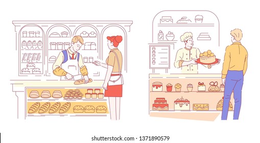 Bread and cakes bakery and pastry shop vendor and customer vector buns and cupcakes baker and confectioner buyer wheat dough dish and dessert of chocolate cream and icing man in apron and cook uniform