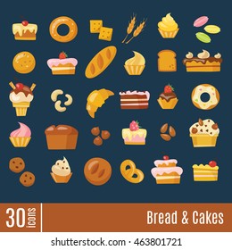 Bread and cakes info-graphic icons set in flat style. Bakery vector icons. 