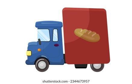 Bread car delivery, truck vehicle, food, fresh, cartoon, bakery, cargo grocery, loaf shipping. Baguette, product, natural organic meal. Isolated on white background. Vector illustration.
