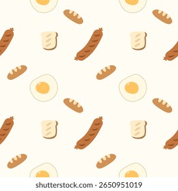 Caricatura de pão tão fofo. Sobre fundo de ovo frito de salsicha. Ilustração de vetor uniforme de padrão. 