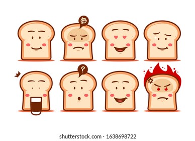 Bread cartoon emoji face smiley expression set vector character cute funny style