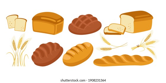 Bread cartoon icon set. Bakery goods bread loaf and ears wheat, and french baguette, pretzel, croissant, french baguette ciabatta. Design menu bakery pastry symbol. Icon modern vector illustration