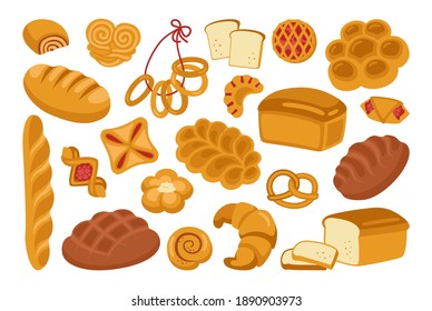 Bread cartoon icon set. Rye, whole grain and wheat loaf bread, pretzel, muffin, croissant, french baguette. Organic baked goods, shop flat food, design menu bakery pastry. Vintage vector illustration